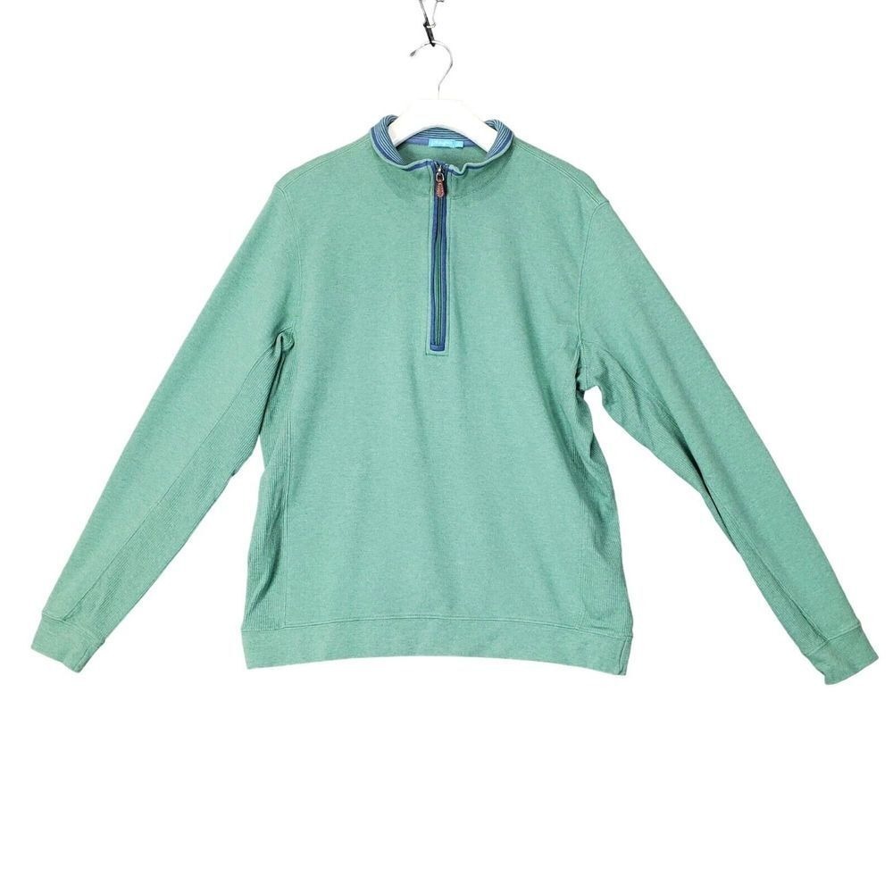 J.McLaughlin Mens Preppy Coastal Luxury Quarter Zip Sweater L Green Pima Cotton